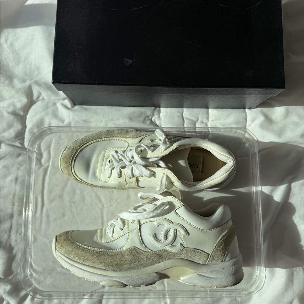 Chanel Women's Cream and White Sneakers